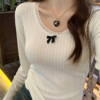 蕾丝打底衫女春秋新款白色内搭长袖T恤上衣设计感蝴蝶结小衫女装_498