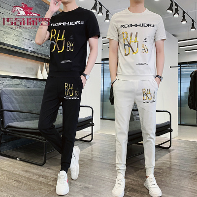 传奇保罗（CHUANQIBAOLUO）2021新款夏季短袖t恤套装男潮牌修身网红社会人小伙帅气一套衣服