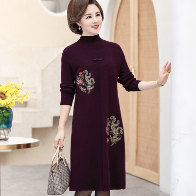语娄妈妈春装毛衣裙子中长款打底衫高贵针织衫中老年人女装大码连衣裙2021大码女装