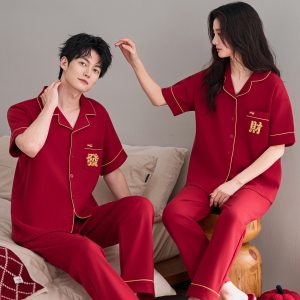 大红色睡衣结婚新婚情侣开衫春夏季短袖长裤男女特大码家居服套装