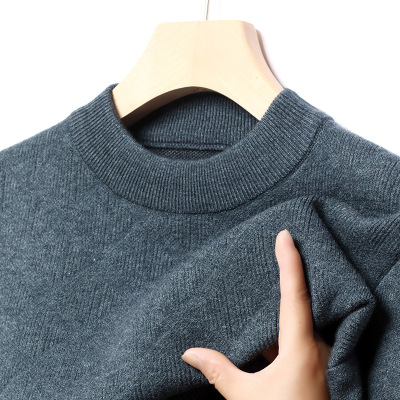 秋冬加厚绵羊毛男式休闲细软羊毛衫提花格子羊毛保暖针织衫厚