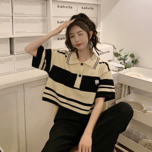 复古polo领条纹T恤女夏季新款宽松INS短款设计感别致短袖针织上衣