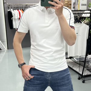 高街织带翻领短袖T恤男士修身半袖上衣休闲商务POLO衫夏季新款潮