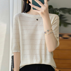 新款圆领天丝短袖针织衫女夏薄款设计感短款提花上衣T恤女