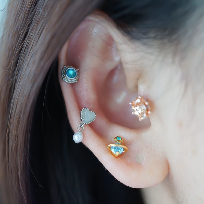 jda韩国进口耳环复古小爱心珍珠耙钉复古蓝钻耳骨钉旋转圆形拧堵送女朋友老婆情人节七夕生日礼物