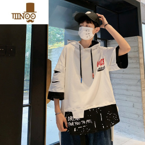 YANXU潮牌墨绿色假短袖t恤男夏季薄款连帽卫衣宽松大码破洞半截袖