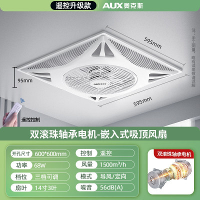 奥克斯吊顶大风扇嵌入式吸顶循环扇商用办公室天花电风扇 14寸 600*600MM遥控[嵌入式]双滚珠轴承电机