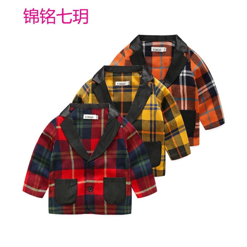 锦铭七玥2017春秋外贸新款爆款3色格子衬衫+绅士哈衣 套装 一件代发现货