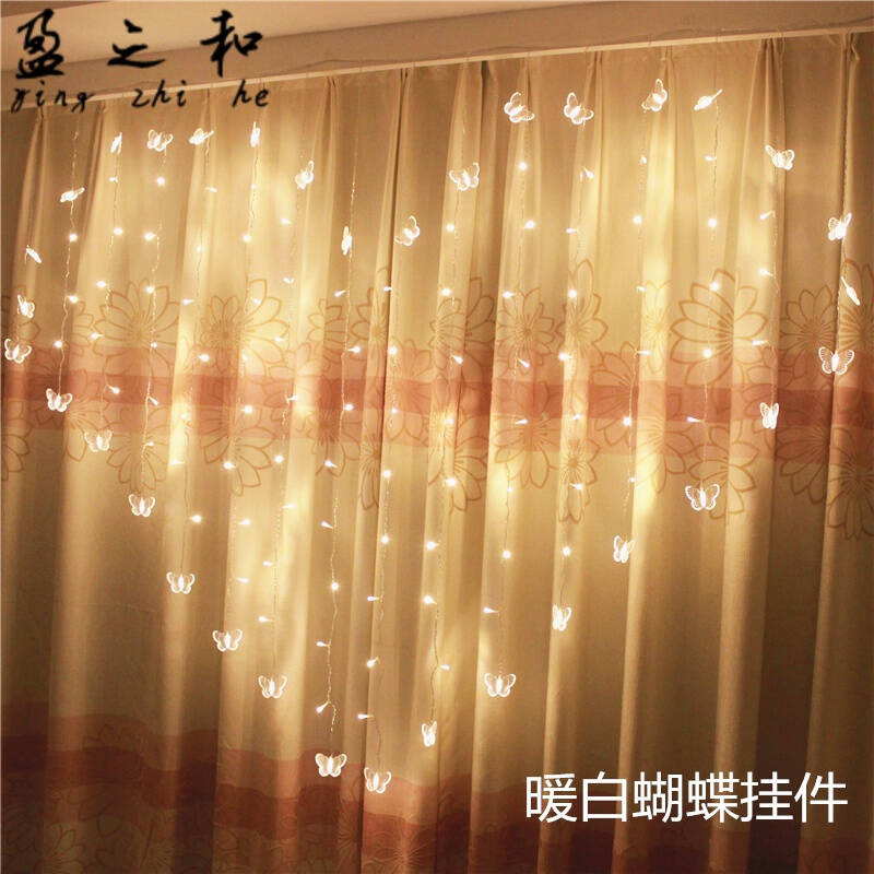 情人节彩灯闪灯串灯LED星星灯爱心形窗帘新年装饰挂灯求婚表白 暖白-带蝴蝶挂件