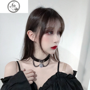 暗黑朋克项圈女颈带爱心锁链吊坠choker网红PU皮质锁骨链颈链饰品 JiMi项链 黑色链条爱心