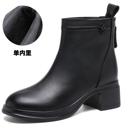 复古短靴女新款中跟加绒棉靴女圆头粗跟单靴牛皮短靴马丁靴