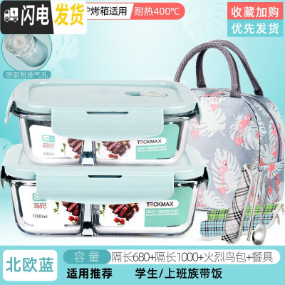 三维工匠上班族玻璃饭盒分隔型便当盒微波炉加热专用碗学生保鲜盒餐盒带 北欧蓝两隔长680+两隔长1000+赠火烈鸟包+餐具