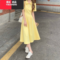 YIBUSHENG学院风polo领连衣裙女季2024新款中长款收腰显瘦初恋短袖a字裙
