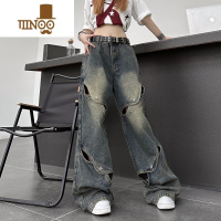 YANXU美式高街设计感阔腿牛仔裤重工小众解构镂空宽松直筒长裤男女潮流
