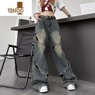 YANXU美式高街设计感阔腿牛仔裤重工小众解构镂空宽松直筒长裤男女潮流