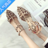 SUNTEK一字扣带凉鞋夏2023新款V家铆钉尖头高跟细跟绑带包头柳丁仙女风