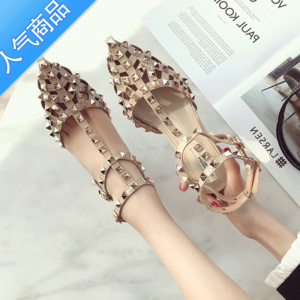 SUNTEK一字扣带凉鞋夏2023新款V家铆钉尖头高跟细跟绑带包头柳丁仙女风