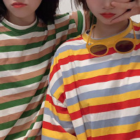 条纹T恤女装夏季新款短袖宽松韩版学生复古港风ins百搭上衣服