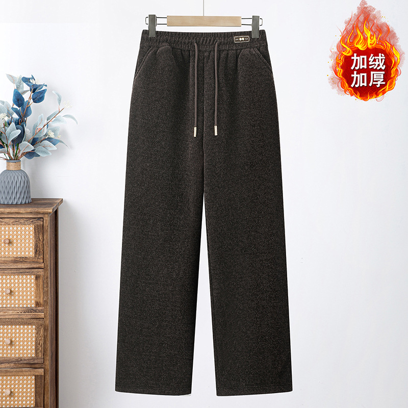新款妈妈冬装松紧腰保暖直筒裤子中老年女装加绒加厚毛呢长裤