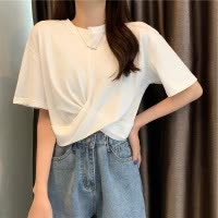 棉质T恤圆领宽松短袖女夏装新款ins小心机白色半袖短款上衣潮