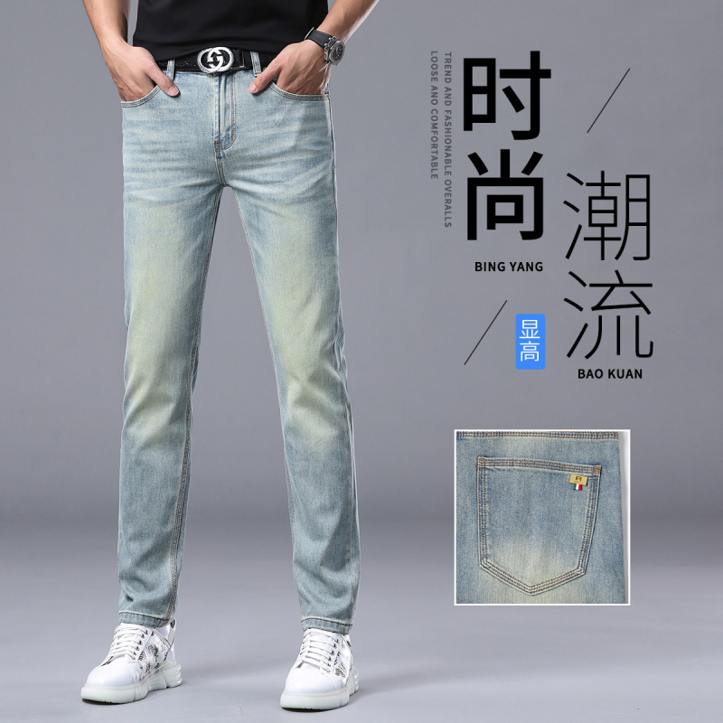 春夏季三本针水洗复古商务牛仔裤男欧洲站潮流修身小直筒潮牌