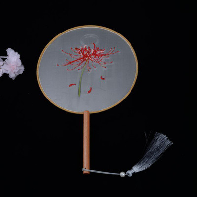 团扇古风原创汉服扇子女圆扇仙气刺绣流苏绣花彼岸花成品短柄三维工匠帝女花