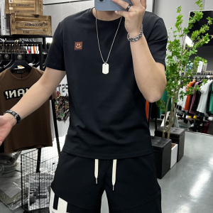 夏季新款短袖T恤男士刺绣简约笑脸圆领半袖丝光棉打底衫上衣潮ins