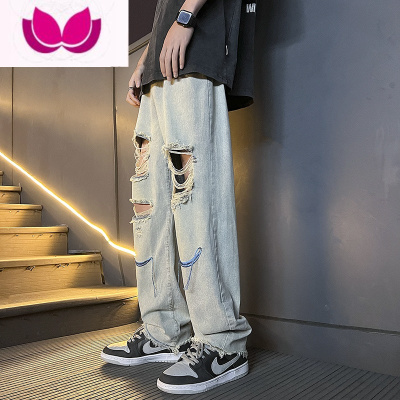 七斓复古破洞牛仔裤男士夏季oversize高街直筒裤潮牌美式宽松裤子