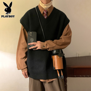 花花公子V领毛衣马甲男秋冬季日系男生学院风圆领针织衫背心外套