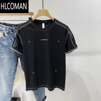 HLCOMAN2025夏季新款韩版休闲宽松刺绣字母冰丝短袖T恤男潮流百搭半袖衫t