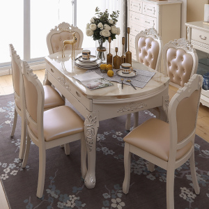 欧式餐桌椅组合大理石多功能伸缩实木圆桌折叠小户型圆形饭桌
