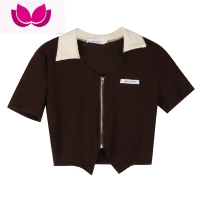 七斓甜辣妹小众拼接短款拉链上衣女夏季修身露脐短袖设计感针织T恤潮