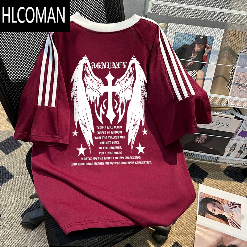 HLCOMAN美式街头风潮酷痞帅上衣男款创意设计感翅膀印花嘻哈短袖T恤