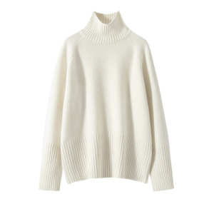 秋冬新款五针插肩袖山羊绒衫女高领长螺纹针织打底衫宽松厚款毛衣