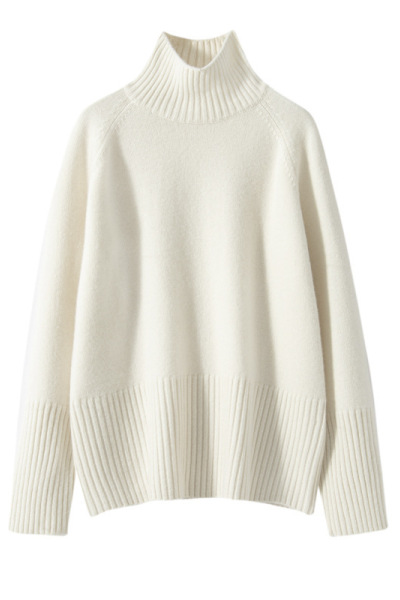 秋冬新款五针插肩袖山羊绒衫女高领长螺纹针织打底衫宽松厚款毛衣