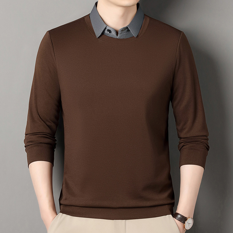 秋季新款衬衣领休闲T恤休闲简约假两件青年休闲长袖T恤打底T恤