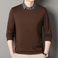 秋季新款衬衣领休闲T恤休闲简约假两件青年休闲长袖T恤打底T恤