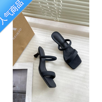 SUNTEK欧美低跟方头凉拖鞋女2023夏新款百搭显瘦露趾细跟凉鞋一字带凉拖