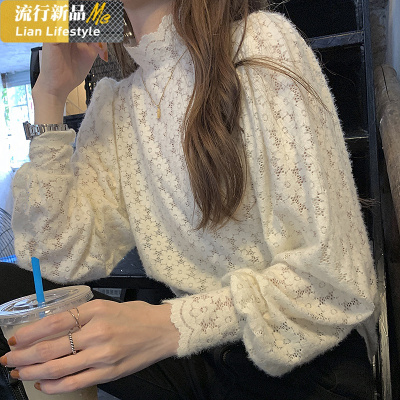 恋名媛高领长袖内搭磨毛性感蕾丝打底小衫秋冬新款大码百搭洋气仙女上衣大码女装