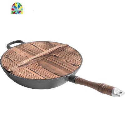 生铁铸铁炒锅30cm圆底铁加厚锅家用老式炒菜锅无涂层锅 FENGHOU 杉木盖