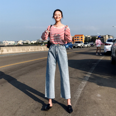 春季韩版学生原宿bf风高腰宽松ins超火牛仔裤女阔腿毛毛边九分裤7.28