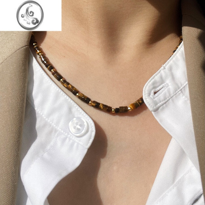 JiMi耳边铛82肯豆贝拉同款手工串珠虎眼石项链金属风毛衣链锁骨链钛钢