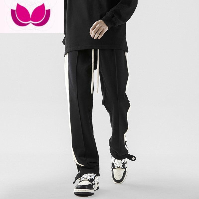 七斓美式条纹休闲运动裤子男高街潮牌vibe风拉链开叉卫裤直筒微喇长裤