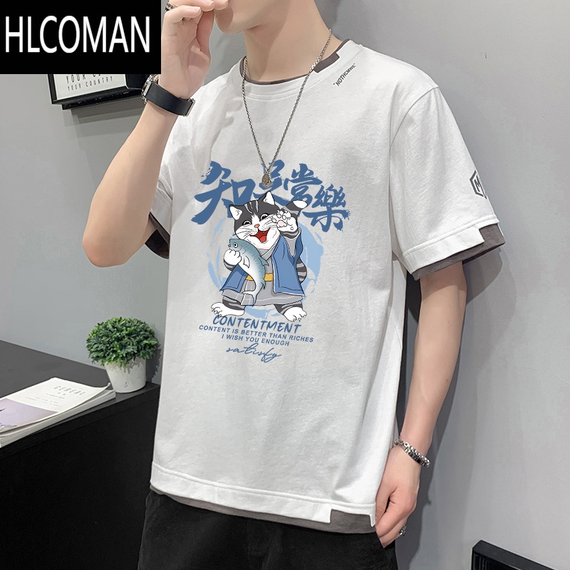 HLCOMAN潮流短袖冰丝t恤学生夏季新款男士宽松国潮男生体恤夏装衣服