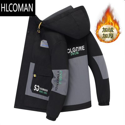 HLCOMAN青少年加绒外套男潮流加厚夹克高中学生帅气棉袄p暖棉衣服