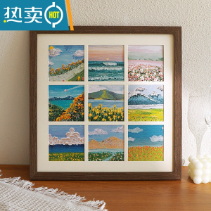 敬平油画棒相框摆台diy手工绘画作品保存装裱画框方形卡纸九宫格挂墙 黑橡 木框内径35.5*35.5cm[装25张 6c