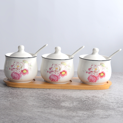 陶瓷调味罐套装厨房用品佐料瓶家用盐味精组合装调味瓶带盖勺铁架 敬平 玫瑰花语三件套木托盘