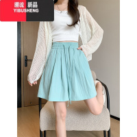 YIBUSHENG[香菇来了]蓝色山本短裤女薄2024新款高腰外穿休闲阔腿裤