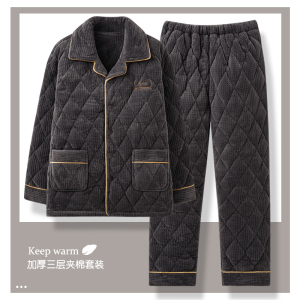 三层夹棉睡衣男款冬季加绒加厚珊瑚绒家居服秋冬季套装大码可外穿