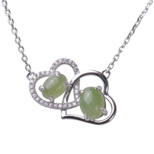 梦克拉Mkela S925银和田玉吊坠 心相印 银镶碧玉心型挂坠心连心玉坠一体链 玉石吊坠 绿色